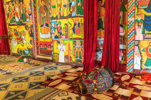 Religious drum, musical instrument inside Entos Eyesu UNESCO Monastery situated on small island on lake Tana near Bahir Dar. Ethiopia Africa