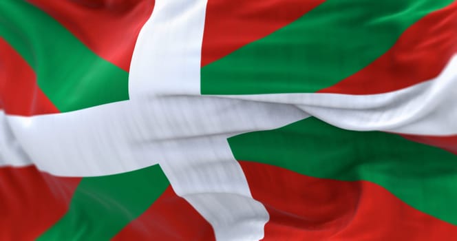 The Basque Country flag waving. Autonomous community in northern Spain. White cross over a green saltire on a red field. Selective focus. 3d illustration render. Close-up. Textured background