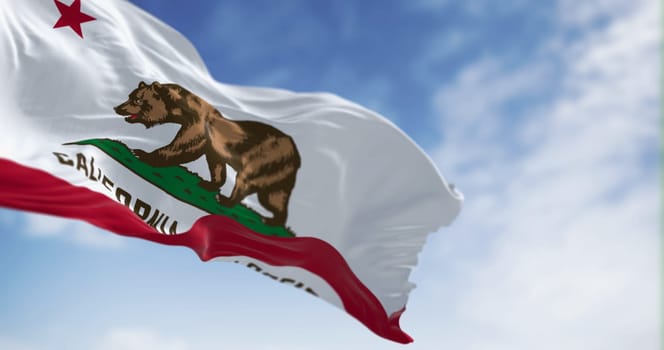 California State flag waving on a clear day. California flag is also the Bear Flag. 3d illustration render. Rippled Fabric. Textured background. Selective focus