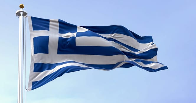 National flag of Greece waving in the wind on a clear day. Blue and white stripes with a blue canton bearing a white cross. 3d illustration render. Fluttering fabric.