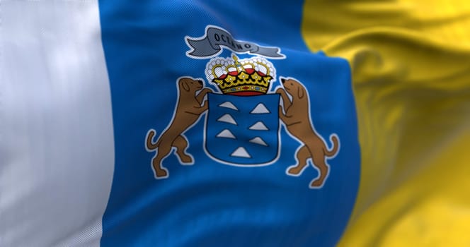 Detail of Canary Islands flag waving in the wind. the Canaries are a Spanish autonomous community. 3d illustration render. Selective focus. Close-up. Rippled textile
