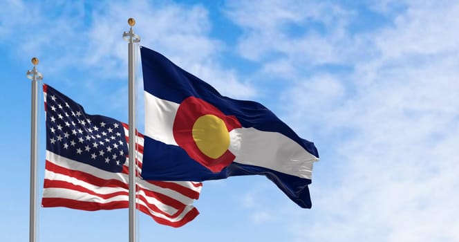 Colorado state flags waving with the national flag of the United States of America on a clear day. 3D illustration render. Rippled textile