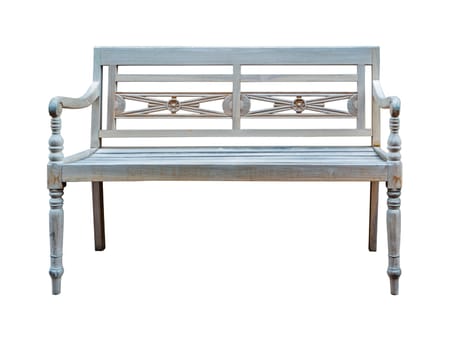 Frontal view of a lightly whitewashed wooden garden bench with an ornate backrest isolated on white.