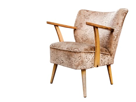 Three-quarter view of a vintage armchair with hardwood armrests and worn upholstery isolated on white.