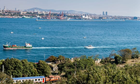 Panoramic view of the Bosphorus. The strait that connects the Black Sea to the Sea of Marmara and marks the boundary between the Europe and the Asia