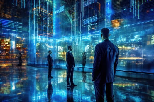 Business people standing in a futuristic room using AI algorithms, financial analysts can process vast amounts of financial data in real-time. Generative AI.