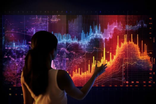 Back of a girl working with AI-powered data analysis tools or visualizing complex data sets. Generative AI.