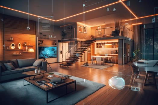 A living room with a futuristic design illustrate the convenience and efficiency of AI technology. Generative AI.