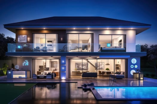 A large modern house with a pool in front of it showcasing AI-powered smart home devices. Generative AI.