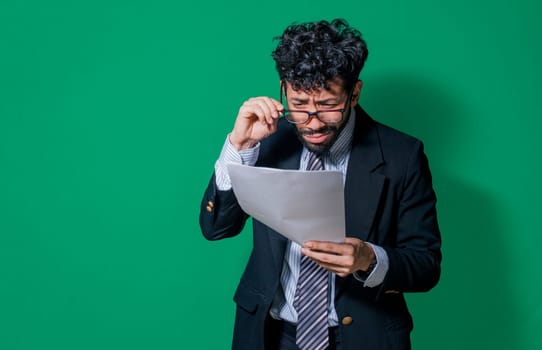 Confused businessman with documents in hand, Concept of man in formal suit frustrated with documents in hand, Businessman puzzled with documents in hand isolated