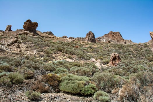 Gigantic rocks in the volcanic landscape in El Teide National Park on the Canary Island of Tenerife, Spain
