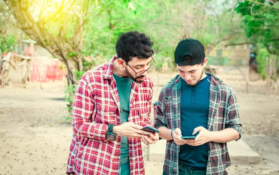 Two teenage guys pointing and checking their cell phones, Two friends looking at the content of their cell phone. Friend showing cell phone to his friend, Smiling friends checking cell phones