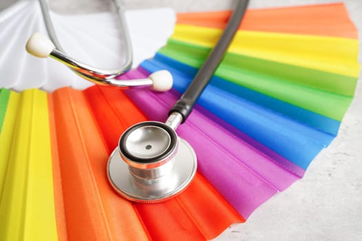 LGBT symbol, Stethoscope with rainbow ribbon, rights and gender equality, LGBT Pride Month in June.