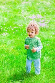 Portrait of 1 year old baby boy having fun on a mountain meadow.