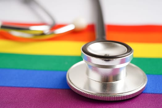 LGBT symbol, Stethoscope with rainbow ribbon, rights and gender equality, LGBT Pride Month in June.
