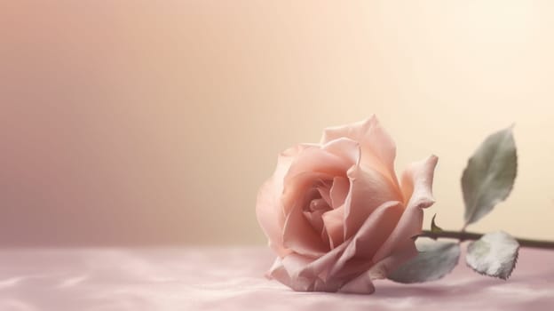 Single pink rose lying on a pastel peach to yellow gradient background. Created using AI Generated technology and image editing software.