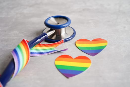 LGBT symbol, Stethoscope with rainbow ribbon, rights and gender equality, LGBT Pride Month in June.