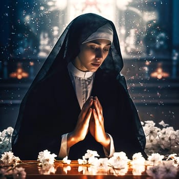 Woman praying at the alter, wearing a black dress. Ai generativ.