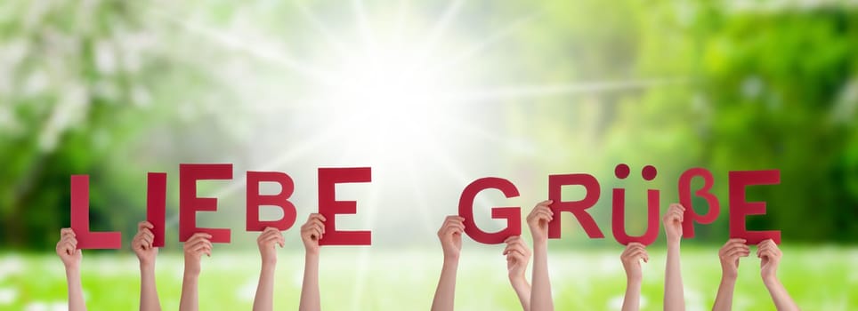 People Or Persons Hands Building German Word Liebe Gruesse Means Many Greetings. Sunny Green Grass Meadow As Background.