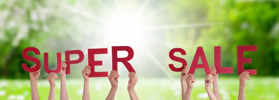 People Or Persons Hands Building English Word Super Sale. Sunny Green Grass Meadow As Background.