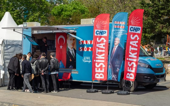 Istanbul, Turkey - May 7 2023: Republican Peoples Party kiosk in the neighbourhood of Besiktas during the 2023 elections
