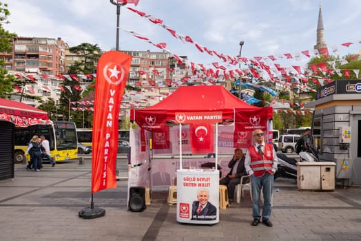 Istanbul, Turkey - May 3 2023: Vatan Party supporters in front of party tent in the neighbourhood of Uskudar during 2023 elections