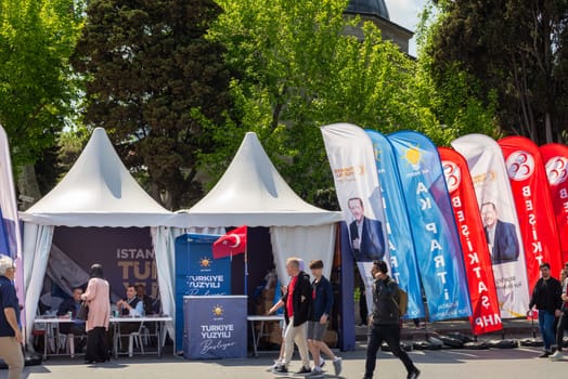 Istanbul, Turkey - May 7 2023: Tent of AK party or Justice and Development Party in the neighbourhood of Besiktas during the 2023 elections