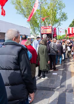 Istanbul, Turkey - May 13 2023: Kiosk of AK Party serving Turkish delights, lokum in the neighbourhood of Uskudar during 2023 elections