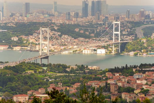 Aerial sunset shot of Istanbul city from Camlica park overlooking Bosphorus strait, with Bosphorus Bridge, or Bogazici Koprusu, connecting Europe and Asia, Istanbul, Turkey