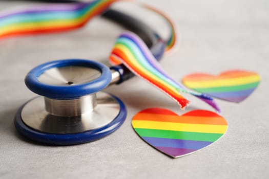 LGBT symbol, Stethoscope with rainbow ribbon, rights and gender equality, LGBT Pride Month in June.