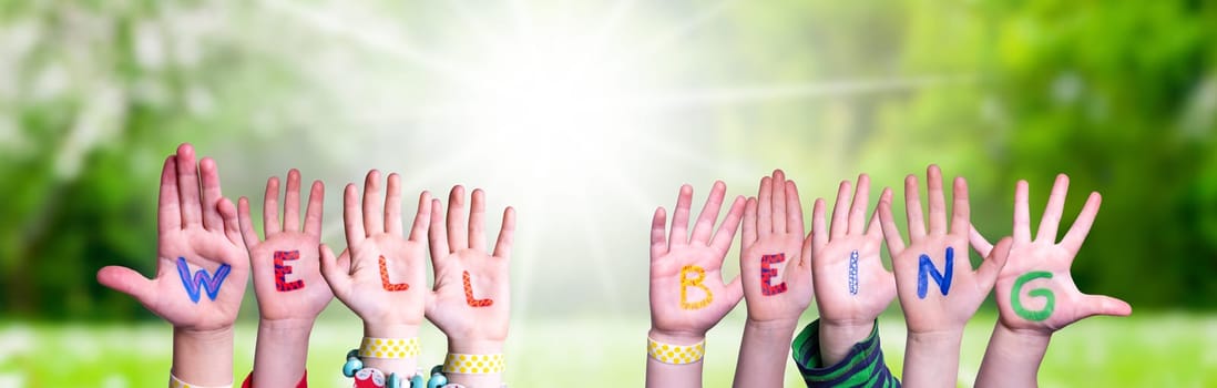 Children Hands Building Colorful English Word Well Being. Sunny Green Grass Meadow As Background.