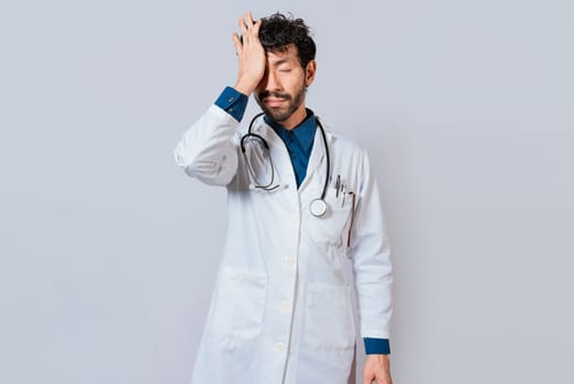 Tired doctor with hand on forehead, Exhausted doctor with hand on forehead isolated