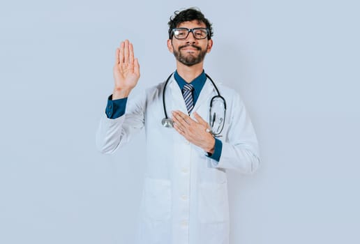 Handsome doctor making oath and promise isolated. Doctor raising hand and swearing