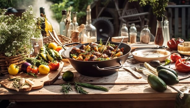 Garden table filled with food, bbq,summer food table.Table filled with drinks and food outside in the garden under the trees. on the table a glass vase with blue meadow flowers. traditional