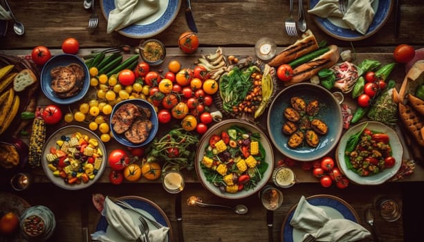 Garden table filled with food, bbq,summer food table.Table filled with drinks and food outside in the garden under the trees. on the table a glass vase with blue meadow flowers. traditional