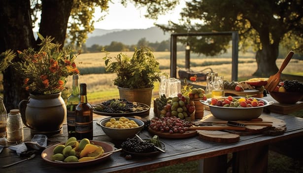 Garden table filled with food, bbq,summer food table.Table filled with drinks and food outside in the garden under the trees. on the table a glass vase with blue meadow flowers. traditional