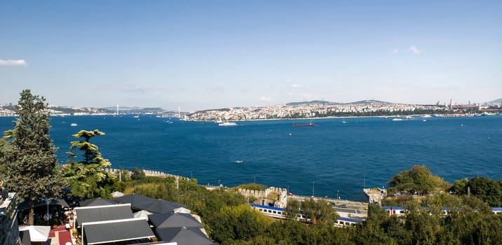 Panoramic of the Bosphorus. The strait that connects the Black Sea to the Sea of Marmara and marks the boundary between the Europe and the Asia