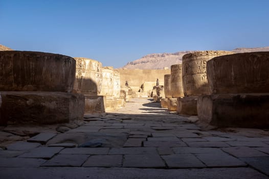 Luxor, Egypt - April 16 2008: The funerary temple of Ramses II in the archaeological site of Medinet Habu, Luxor, Egypt