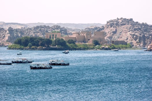 Aswan, Egypt - April 17 2008: The temple of Philae near the Aswan dam on the Nile. Egypt