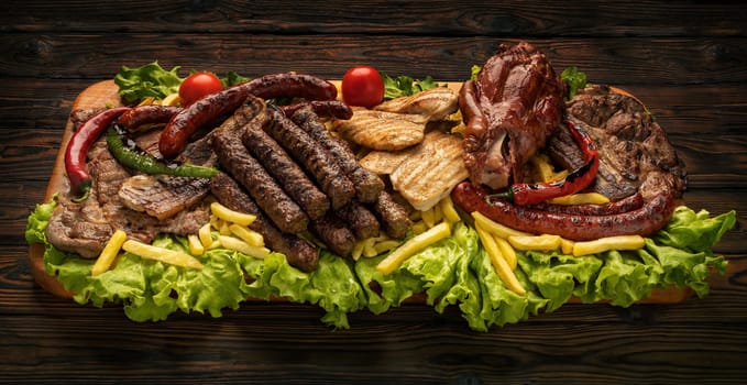Wooden platter with mixed pork meat dishes placed on salads
