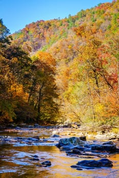 Scenic view of Big Laurel Creek in North Carolina in fall
