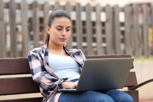 Serious teen using laptop in a bench in a park