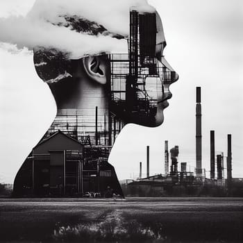 Human silhouette, industrial factory and nature, nuclear power phase-out, sustainable renewable energy, environment and eco, generative AI