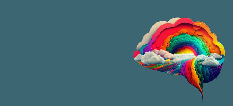 Brain with rainbow colored clouds, creativity explosion, positive thinking mind, self identidy and wave of imagination, generative AI