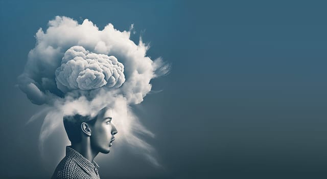 Brain fog, long covid symptom, man with a brain, problems after Covid-19 disease, health issue, generative AI