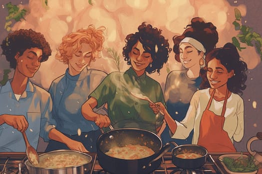 Group of young women cooking together as a team, friends preparing food in the kitchen, multicultural friendship between students, generative AI