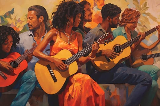 Music band of young people with different skin color playing acoustic guitar together on the street, performer group, generative AI