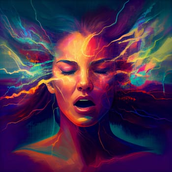 Human brain with energy waves, psychological pressure and stress, epilepsy, migrane attack, burn out or trauma, generative AI