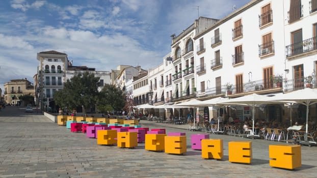 Caceres, Spain - Sept 19th, 2022: Caceres city-identifying letters at Plaza Mayor, Extremadura, Spain. Tourism boosters concept
