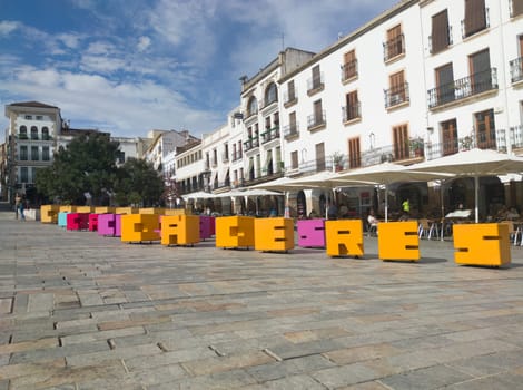 Caceres, Spain - Sept 19th, 2022: Caceres city-identifying letters at Plaza Mayor, Extremadura, Spain. Tourism boosters concept